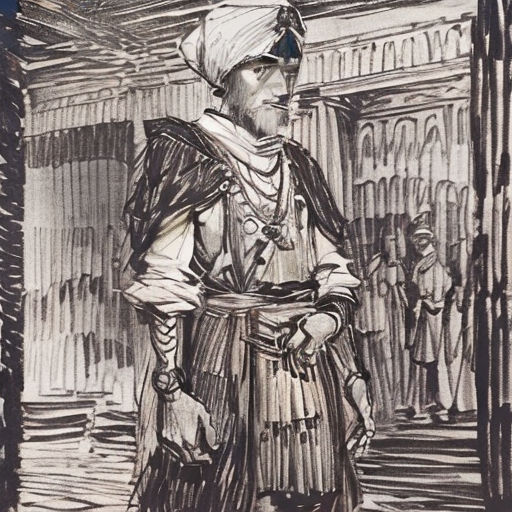 a drawing of a man in a turban and a white hat standing in a doorway with people in the background