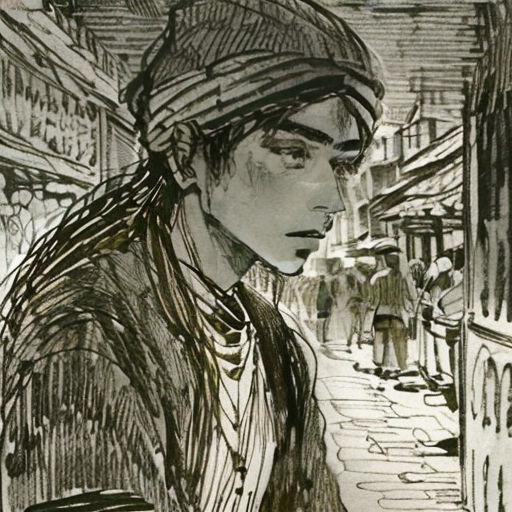 a drawing of a man in a hat and jacket on a street corner with people walking by him and a woman in a hat
