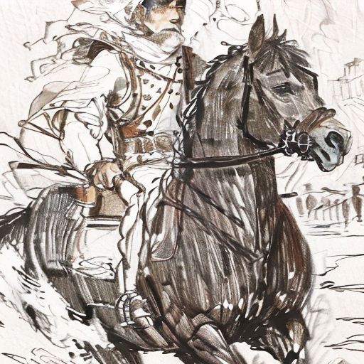 a drawing of a man riding a horse in a field with a horse and a man in a white suit