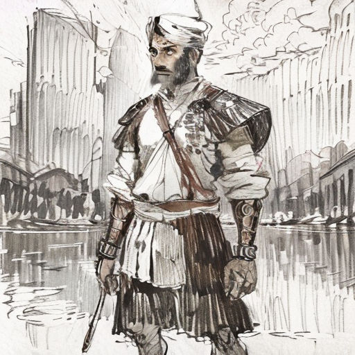 a man in a costume standing in front of a cityscape with a sword and a hat on