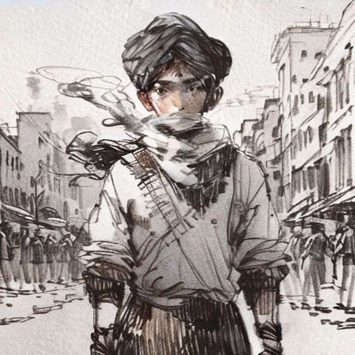 a drawing of a man walking down a street with a scarf around his neck and a hat on his head