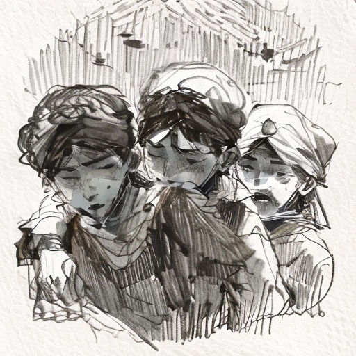 a drawing of three people sitting together in a room with a wall behind them and a black and white drawing of three people