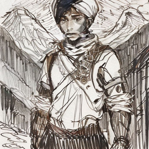 a drawing of a man with wings on his head and a scarf on his head, standing in front of a wall
