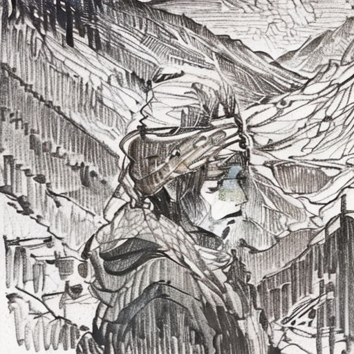 a drawing of a woman with a scarf on her head and mountains in the background, with a sky and clouds