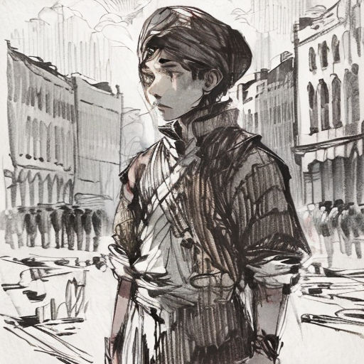 a drawing of a man standing in the street with a scarf on his head and a scarf on his head