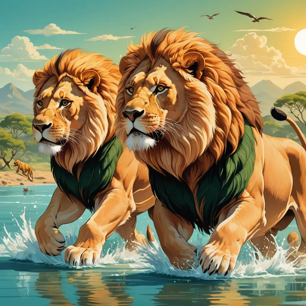 two lions are walking through the water together in front of a sunset and a mountain range with trees and a bird, fantasy art, an airbrush painting, Brothers Hildebrandt, highly detailed digital painting