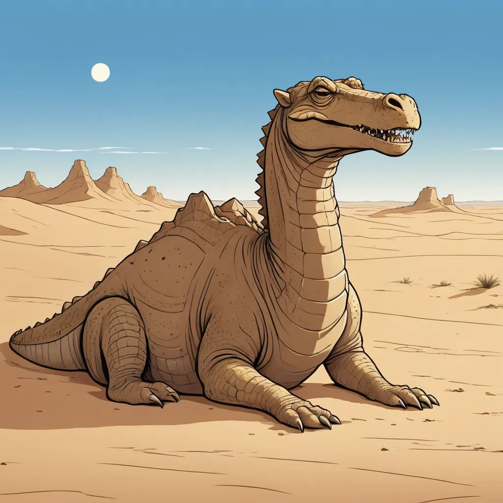 a cartoon dinosaur sitting in the desert with a full moon in the background and a desert landscape with a few hills, dau-al-set, an illustration of, Adam Rex, desert