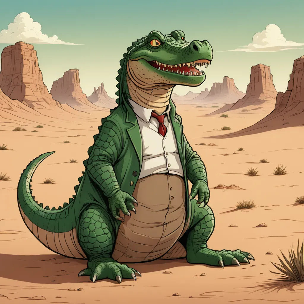 a cartoon alligator in a suit and tie sitting in the desert with a desert background and a mountain range in the background, pop surrealism, a character portrait, Chris LaBrooy, 2 d game art