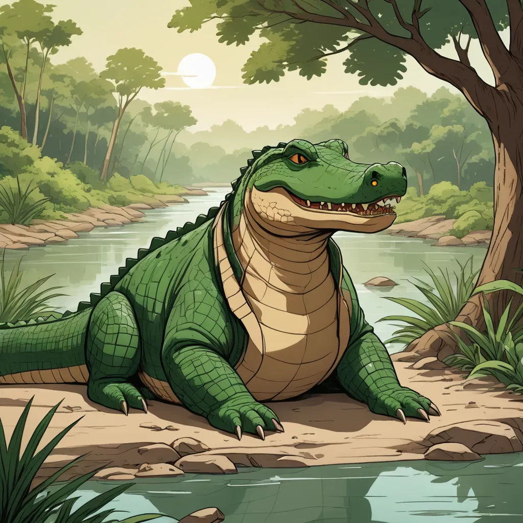 a large alligator sitting on a rock near a river and trees with a sun in the background and a river running through it, furry art, a storybook illustration, Chris LaBrooy, storybook illustration