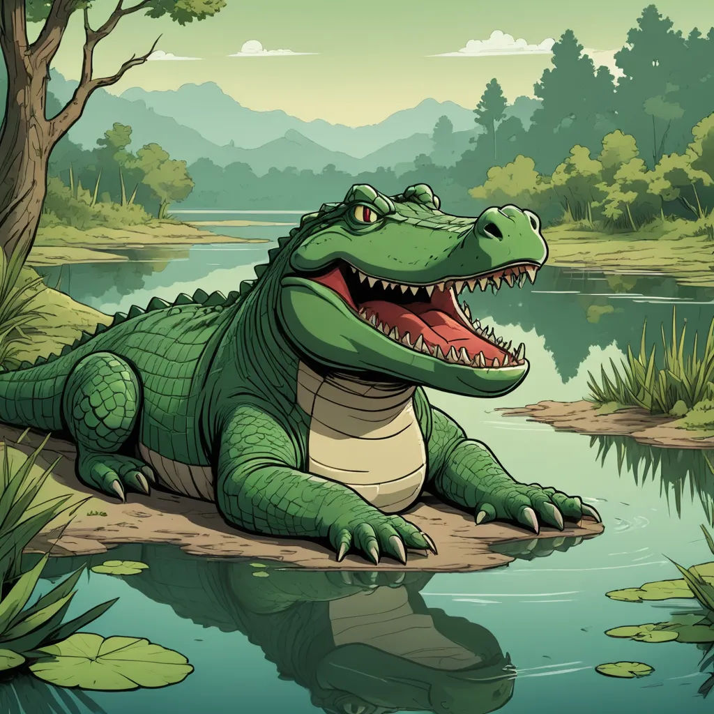 a cartoon alligator sitting on a rock in a swampy area with a lake and trees in the background, furry art, a storybook illustration, Chris LaBrooy, storybook illustration