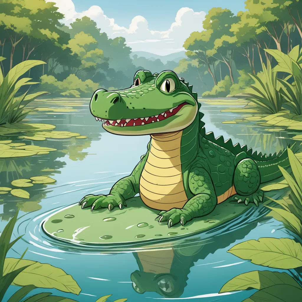 a cartoon alligator sitting on a small island in a swampy area with lily pads and trees in the background, furry art, a storybook illustration, Andries Stock, storybook illustration