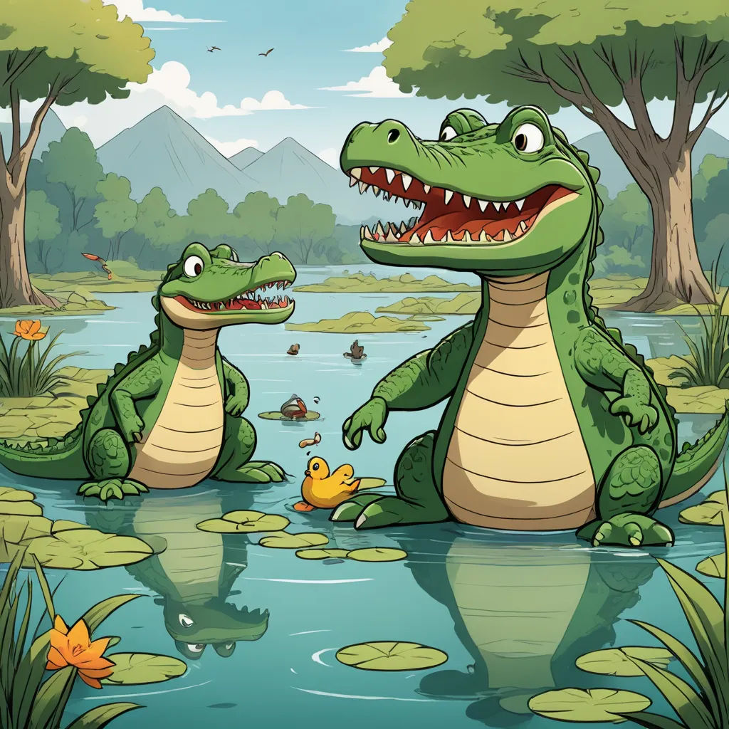 a couple of alligators are in the water with a duckling in it's mouth and a mountain in the background, lyco art, a storybook illustration, Andries Both, storybook illustration