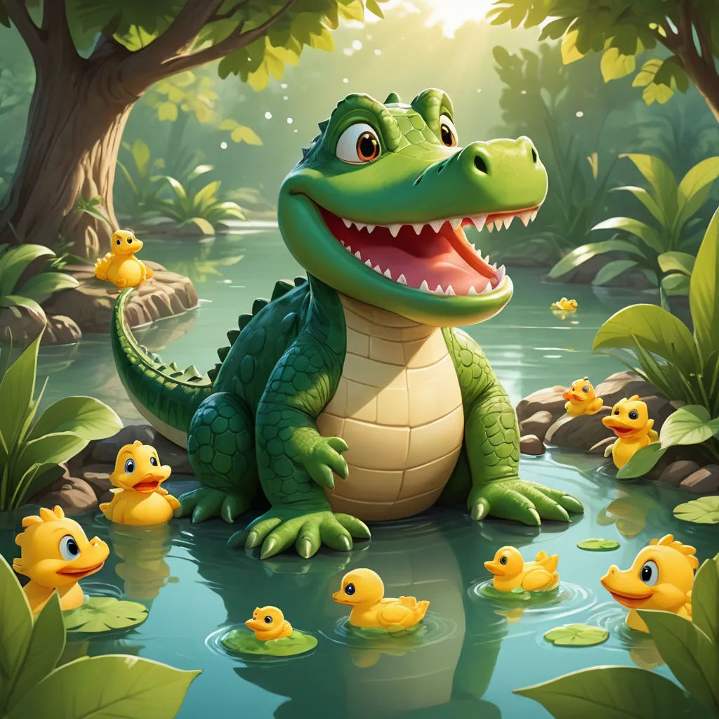 a cartoon alligator with a group of rubber ducks in a pond with trees and water lilies in the background, sots art, a storybook illustration, Chris LaBrooy, game art