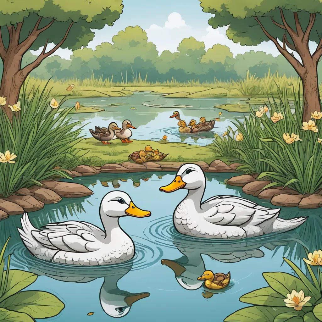 a couple of ducks floating on top of a lake next to a forest filled with ducks and ducks floating on top of a lake, environmental art, a storybook illustration, Andries Stock, storybook illustration
