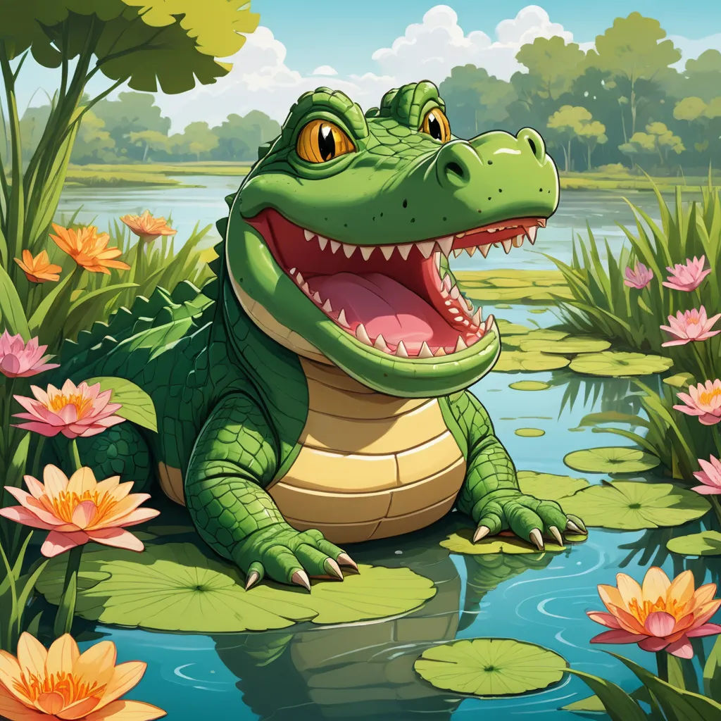 a crocodile sitting in the water with lily pads around it's neck and smiling at the camera with a pond of water lillies in the background, sots art, a storybook illustration, Andries Stock, storybook illustration