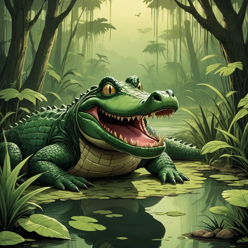 a crocodile is sitting in the water with its mouth open and it's teeth wide open and it's mouth is open, fantasy art, a storybook illustration, Chris LaBrooy, highly detailed digital painting