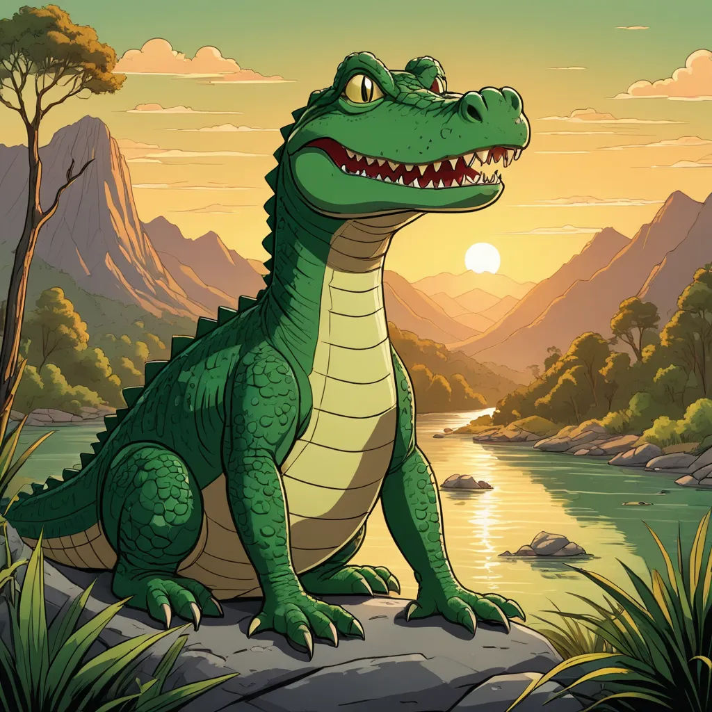 a cartoon alligator sitting on a rock by a river with a sunset in the background and mountains in the background, sots art, a storybook illustration, Chris LaBrooy, storybook illustration