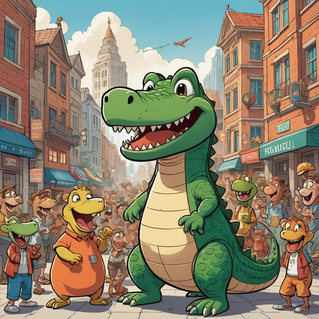 a cartoon of a crocodile and a man in a town with people around him and a crowd of people, lyco art, a storybook illustration, Chris LaBrooy, promotional image