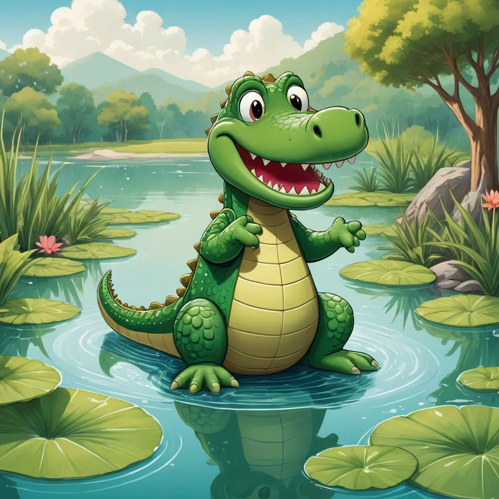 a crocodile in the pond with lily pads and a tree in the background illustration for children's books, sots art, a storybook illustration, Andries Stock, highly detailed digital painting