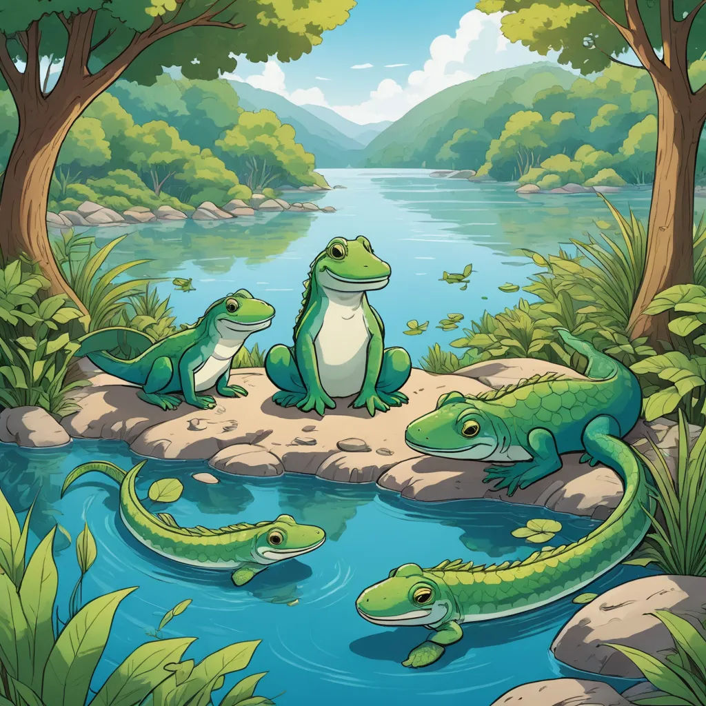 a group of green lizards sitting on a rock near a river and trees with a mountain in the background, lyco art, a storybook illustration, Andries Stock, storybook illustration