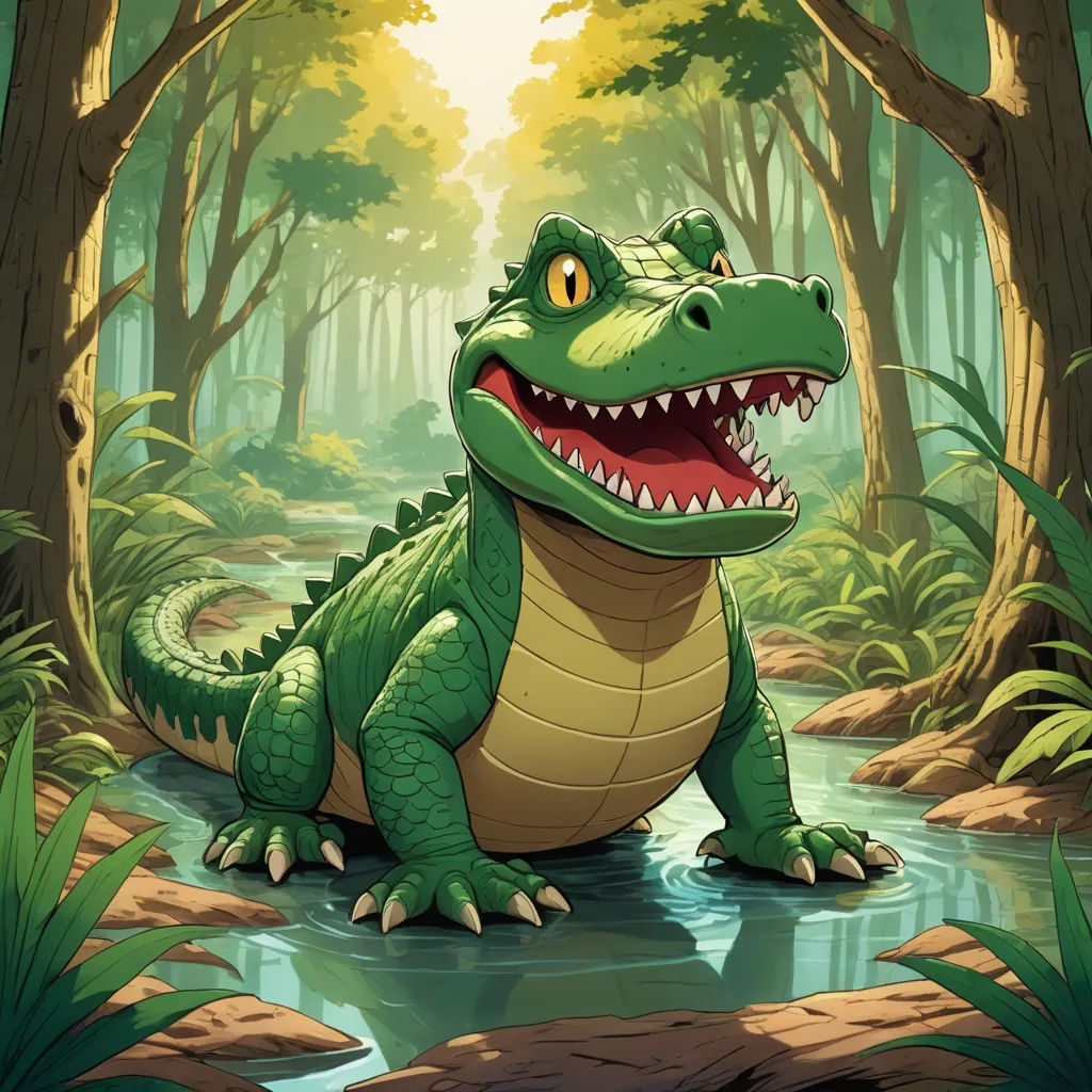 a cartoon alligator is sitting in the woods by a stream of water with its mouth open and teeth wide open, sots art, a storybook illustration, Chris LaBrooy, 2 d game art