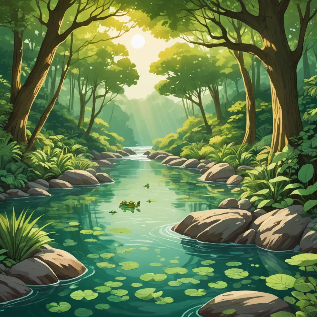 a river in a forest with rocks and trees on the sides of it and a sunbeam above the water, environmental art, a detailed matte painting, Chris LaBrooy, forest