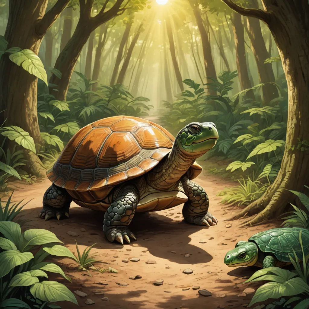 a painting of a turtle and a turtle in a forest with sunlight coming through the trees and leaves on the ground, fantasy art, a storybook illustration, Chris LaBrooy, magic the gathering artwork