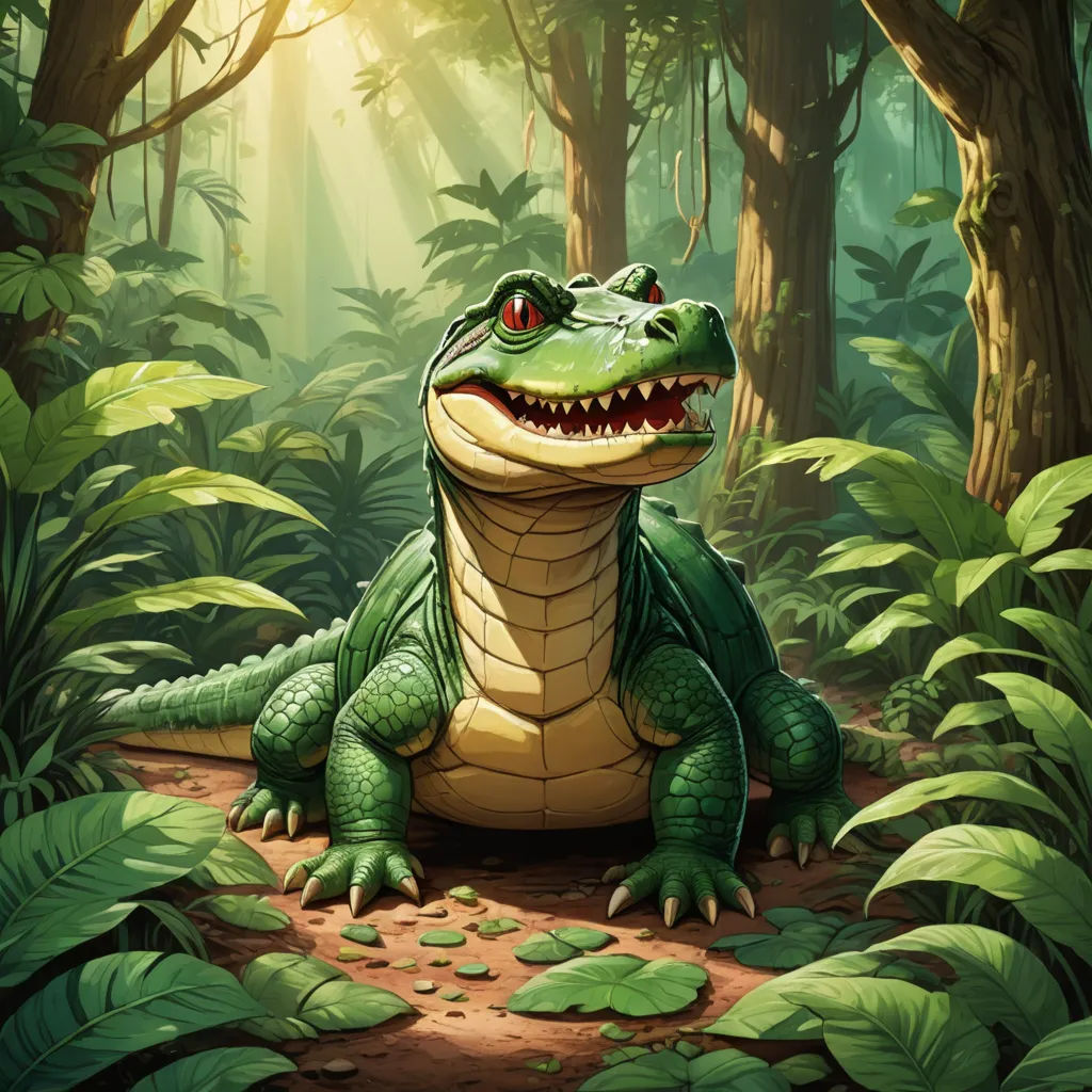a large alligator sitting in the middle of a forest with a sunbeam in the background and a forest floor, sots art, concept art, Chris LaBrooy, magic the gathering artwork