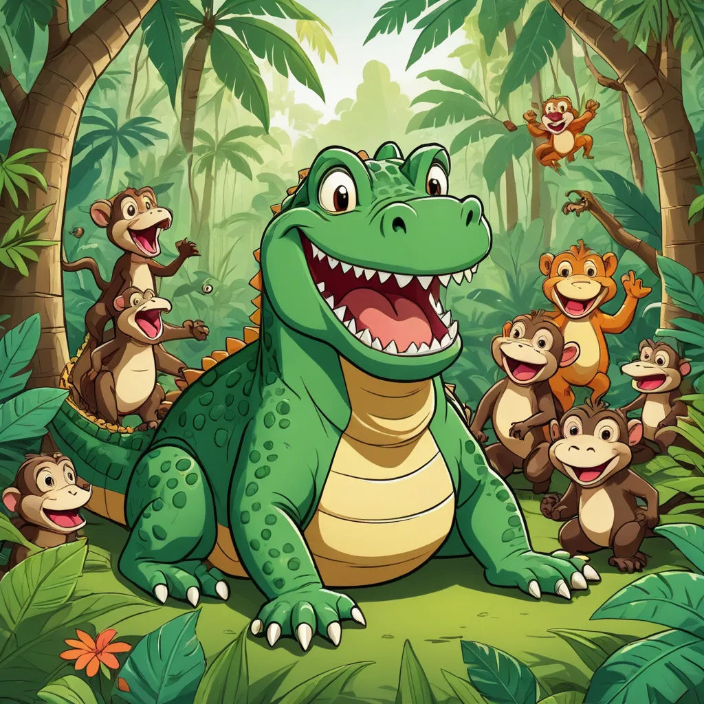 a group of animals in the jungle with a crocodile and monkeys illustration in the background illustration by alex krawc, sumatraism, a storybook illustration, Andries Stock, jungle