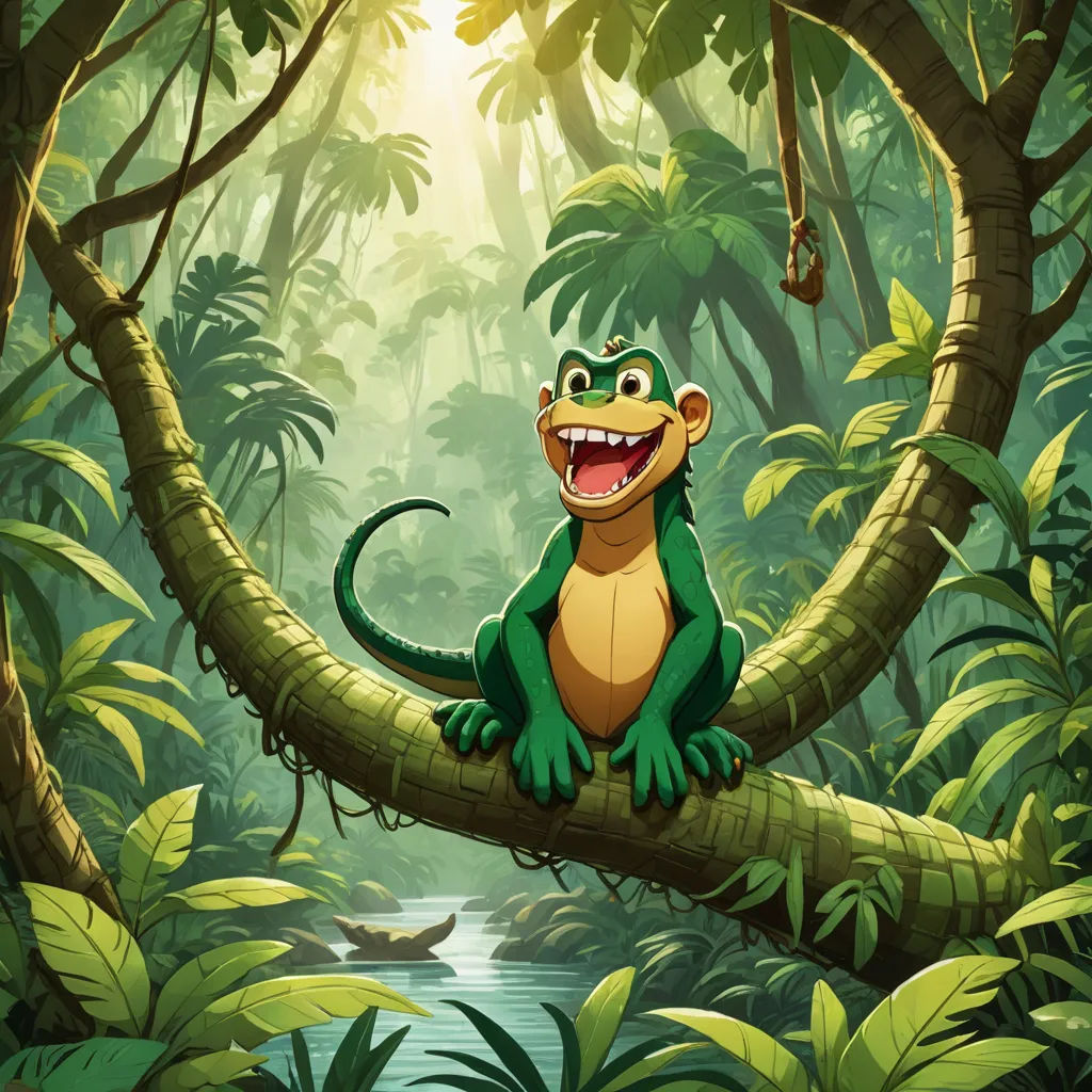a cartoon lizard sitting on a tree branch in a jungle with a river in the background and a boat in the foreground, primitivism, poster art, Andries Stock, jungle