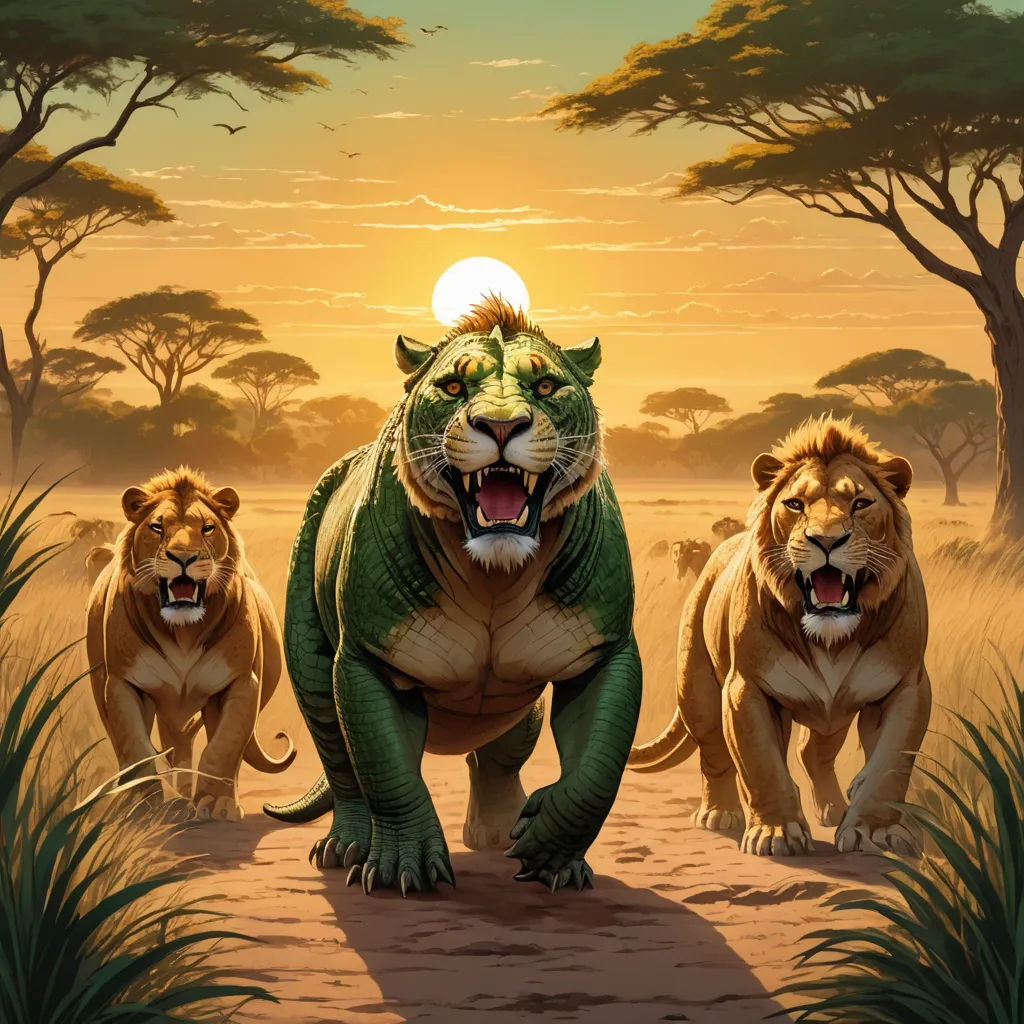 a painting of three lions walking in the grass with a sunset in the background and trees in the foreground, altermodern, concept art, Brothers Hildebrandt, magic the gathering artwork