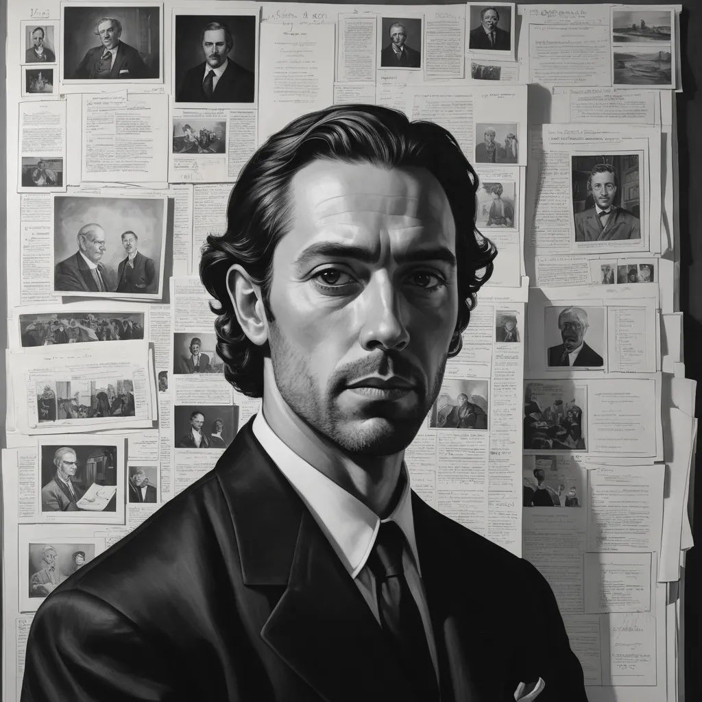 a man in a suit and tie is in front of a wall of papers with portraits of other men, precisionism, an ultrafine detailed painting, Alexander Runciman, detailed portrait