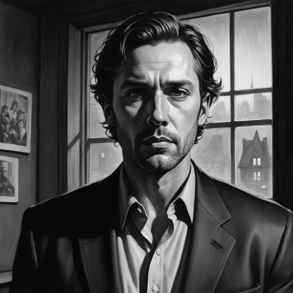 a man in a suit and tie is looking out a window with a house in the background and a window with a picture of a man in the background, figurative art, an ultrafine detailed painting, David Palumbo, tom of finland