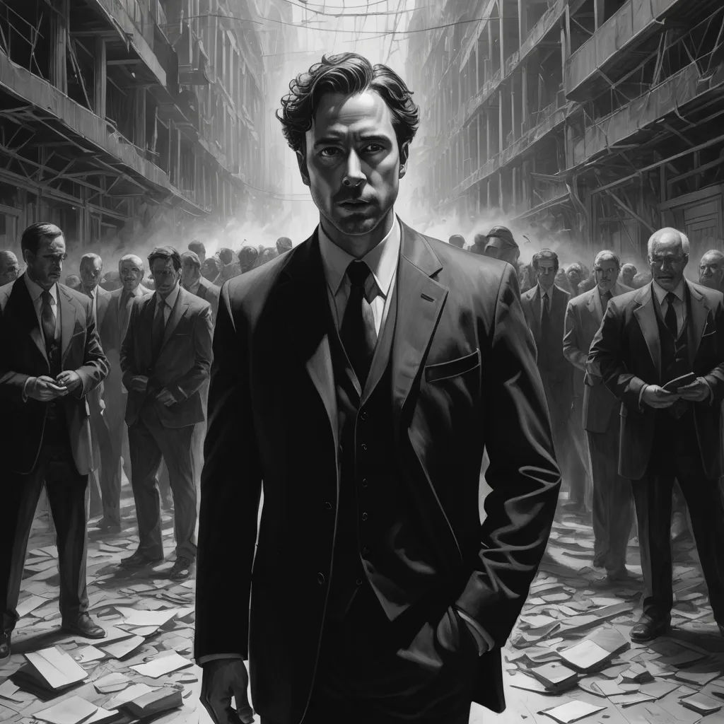 a man in a suit standing in a crowded street with a group of people behind him in a black and white photo, fantastic realism, an ultrafine detailed painting, David Palumbo, highly detailed digital painting