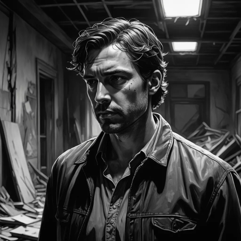 a man in a room with a lot of junk on the floor and a light above him that is shining, photorealism, a photorealistic painting, David Palumbo, highly detailed digital painting