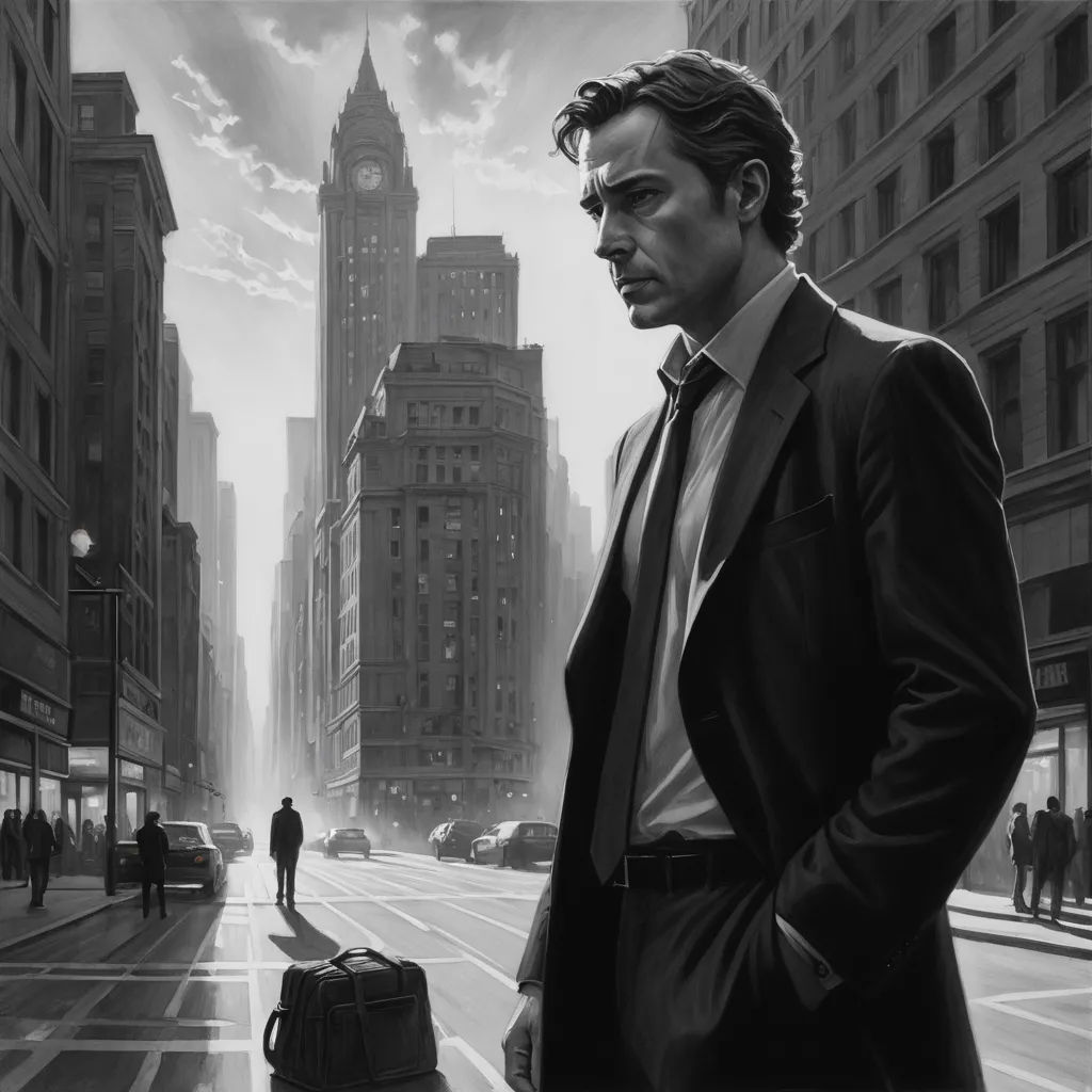 a man in a suit and tie standing on a street with a suitcase in his hand and a cityscape in the background, figurative art, an ultrafine detailed painting, David Palumbo, matte drawing