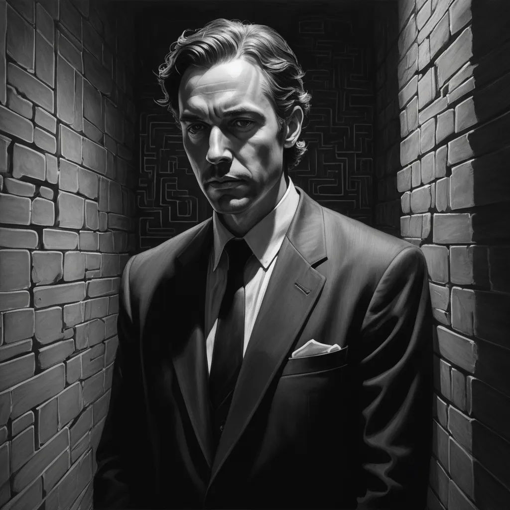 a man in a suit and tie standing in a doorway with a brick wall behind him and a brick wall behind him, photorealism, an ultrafine detailed painting, David Palumbo, noir