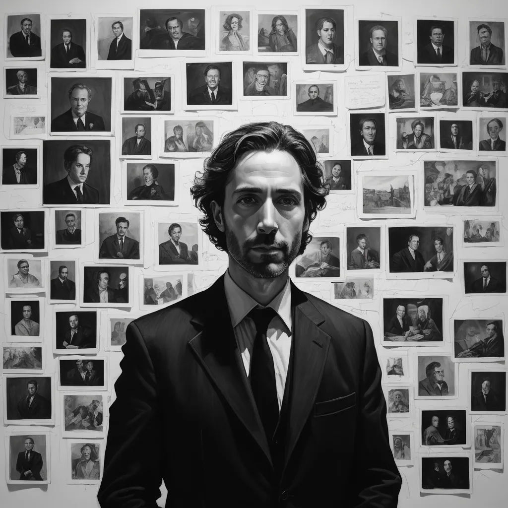 a man in a suit and tie standing in front of a wall of portraits of men in suits and ties, serial art, a character portrait, Aaron Jasinski, realistic portrait
