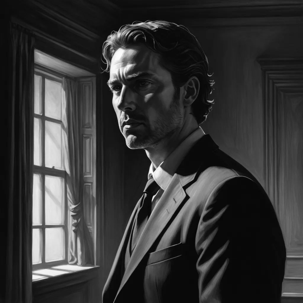 a man in a suit and tie standing in front of a window in a dark room with a window sill, figurative art, an ultrafine detailed painting, David Palumbo, highly detailed digital painting