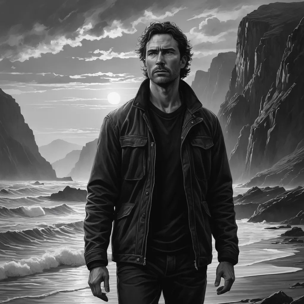 a man standing on top of a beach next to the ocean under a cloudy sky with a sun in the distance, serial art, an ultrafine detailed painting, David Palumbo, tom of finland