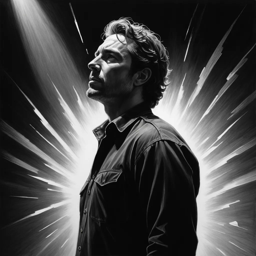 a man standing in front of a light beam in a black and white photo with his eyes closed and his head tilted, figurative art, an ultrafine detailed painting, Eric Zener, photorealistic portrait