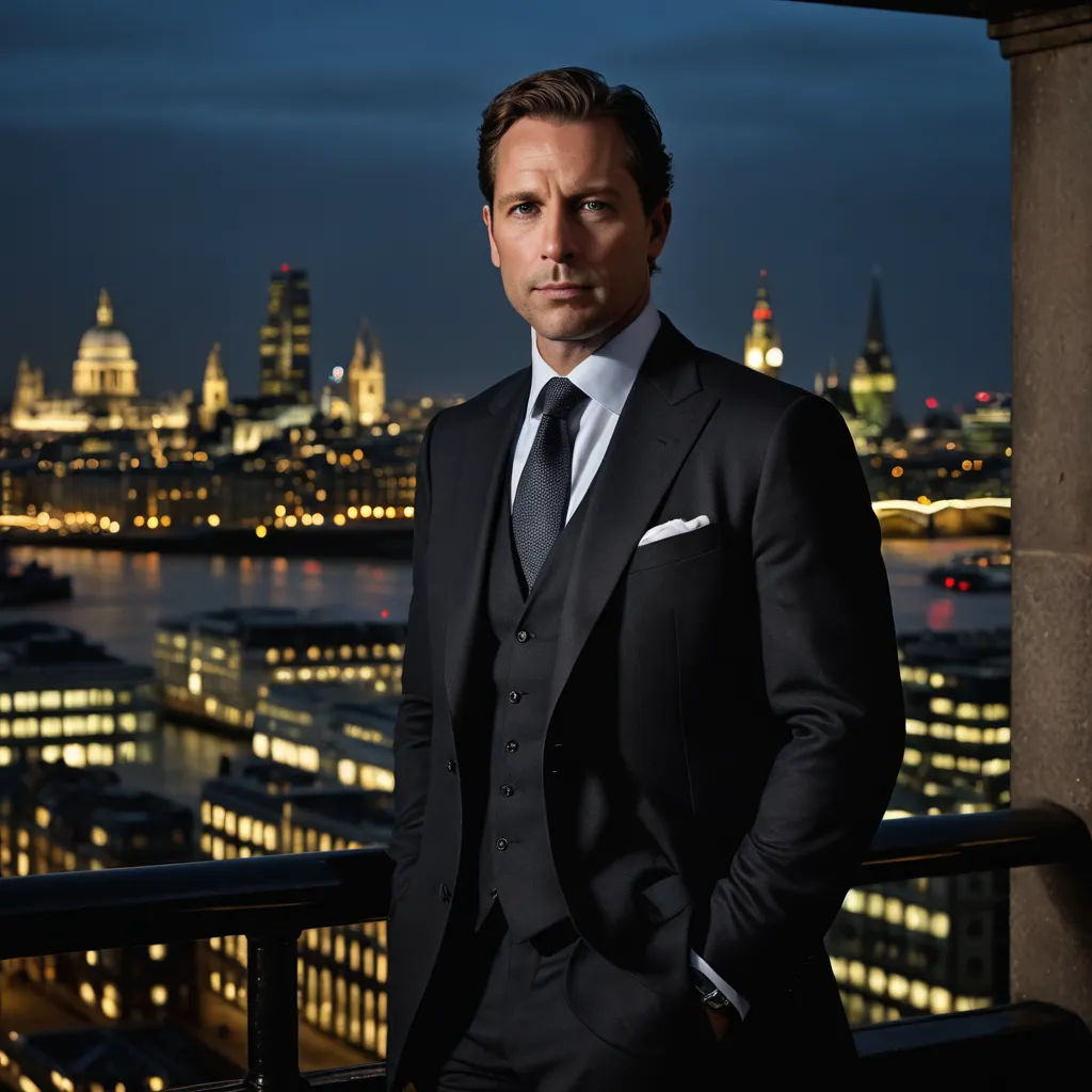a man in a suit standing on a balcony overlooking a city at night with lights on the buildings and a river, private press, a character portrait, Christian Hilfgott Brand, promotional image
