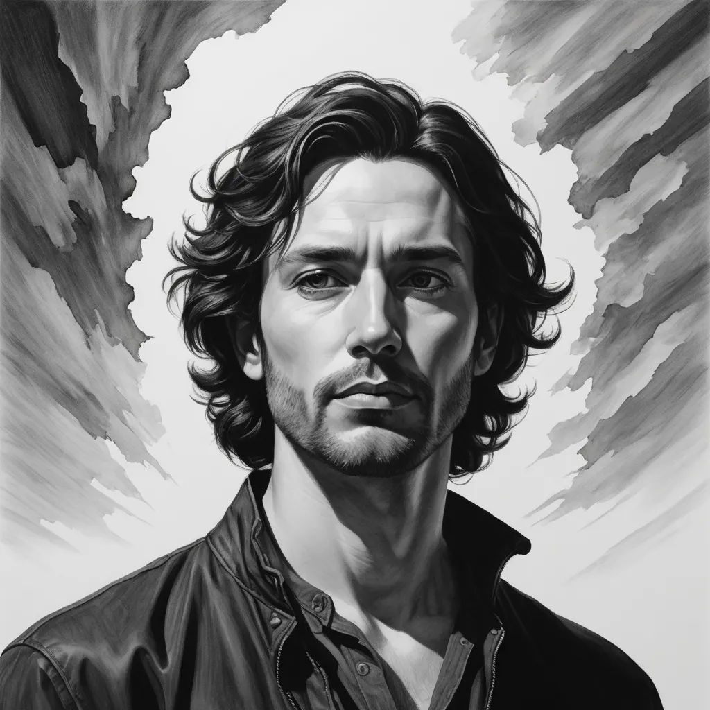 a drawing of a man with long hair and a beard in a black leather jacket with a black and white background, pre-raphaelitism, an ultrafine detailed painting, Art of Brom, pre - raphaelite