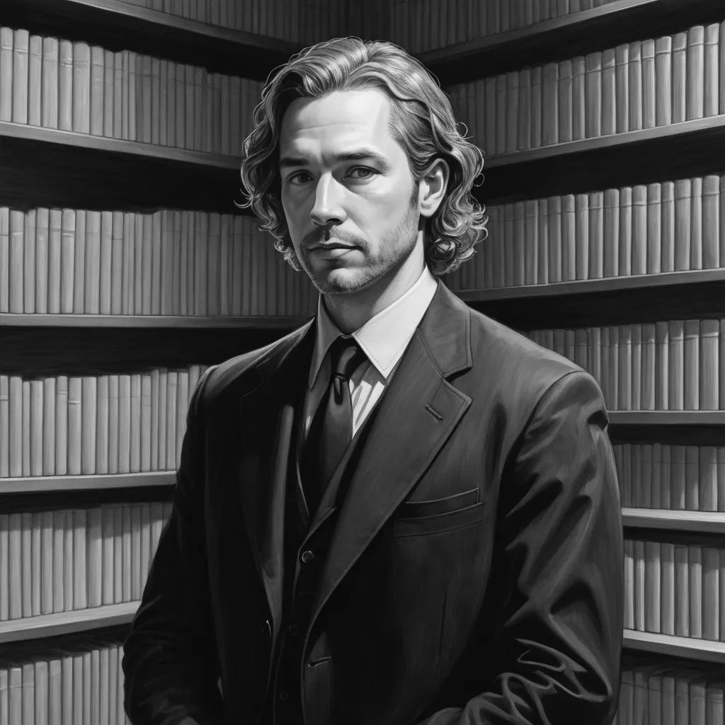 a man in a suit standing in front of a book shelf with books on it's shelves and a book case behind him, new objectivity, an ultrafine detailed painting, Alex Grey, highly detailed digital painting