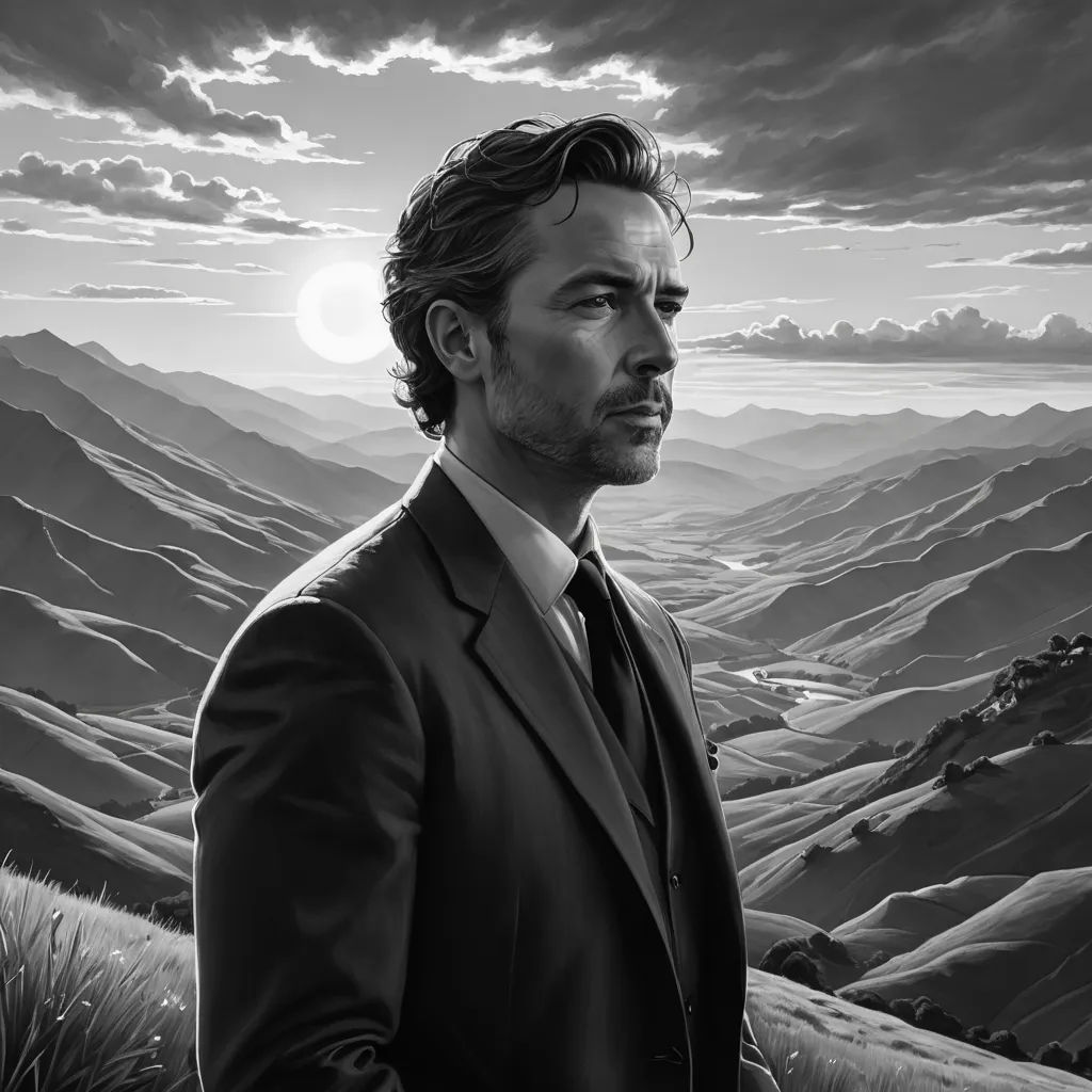 a man in a suit standing in front of a mountain landscape with a sun in the background and clouds in the sky, neo-romanticism, an ultrafine detailed painting, Aaron Jasinski, professional digital painting