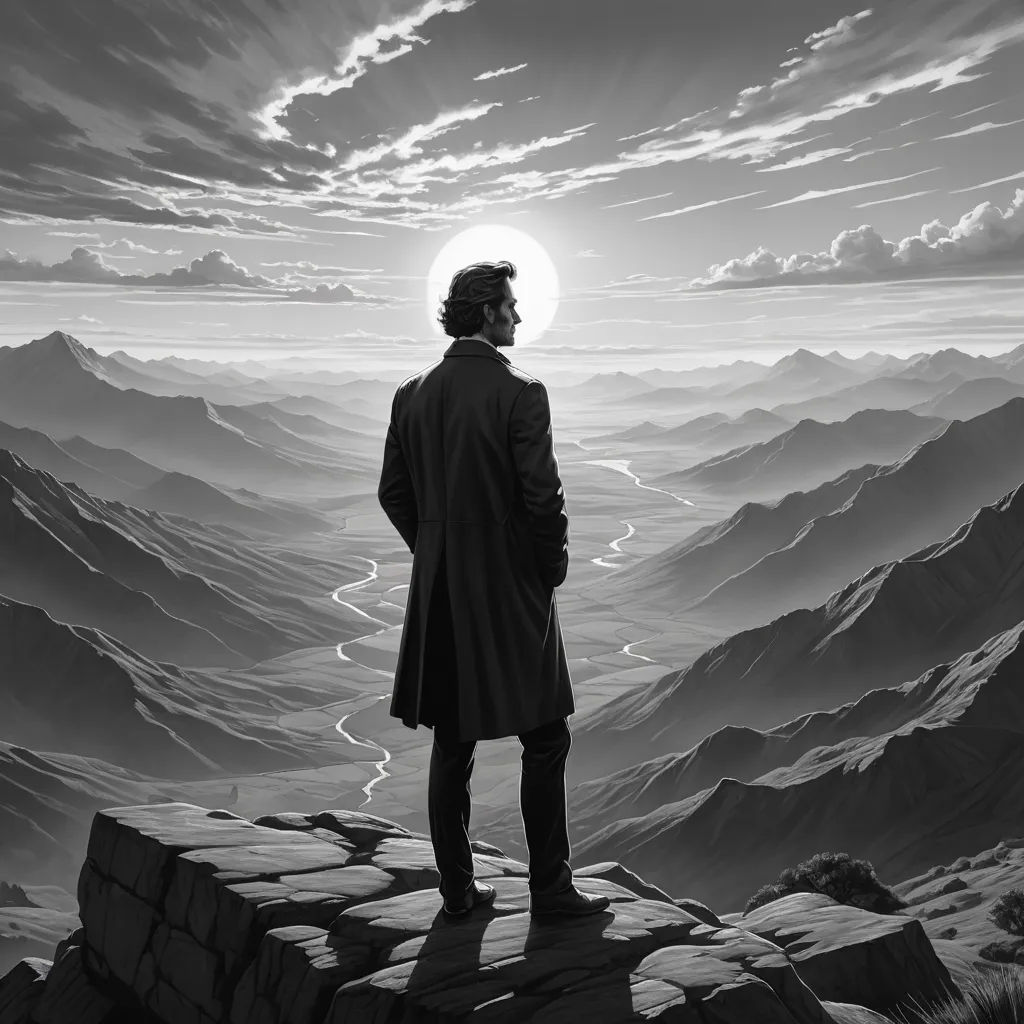 a man standing on top of a mountain looking at the sky and mountains below him with a sun in the distance, neo-romanticism, a detailed matte painting, Dan Mumford, detailed digital art