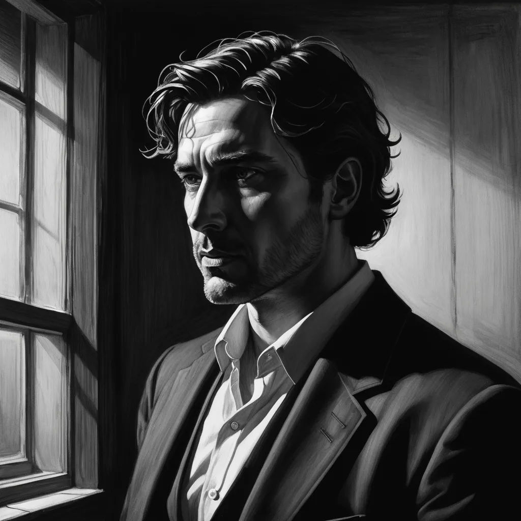 a man in a suit looking out a window with a serious look on his face and shoulder, in a black and white photo, figurative art, an ultrafine detailed painting, David Palumbo, noir