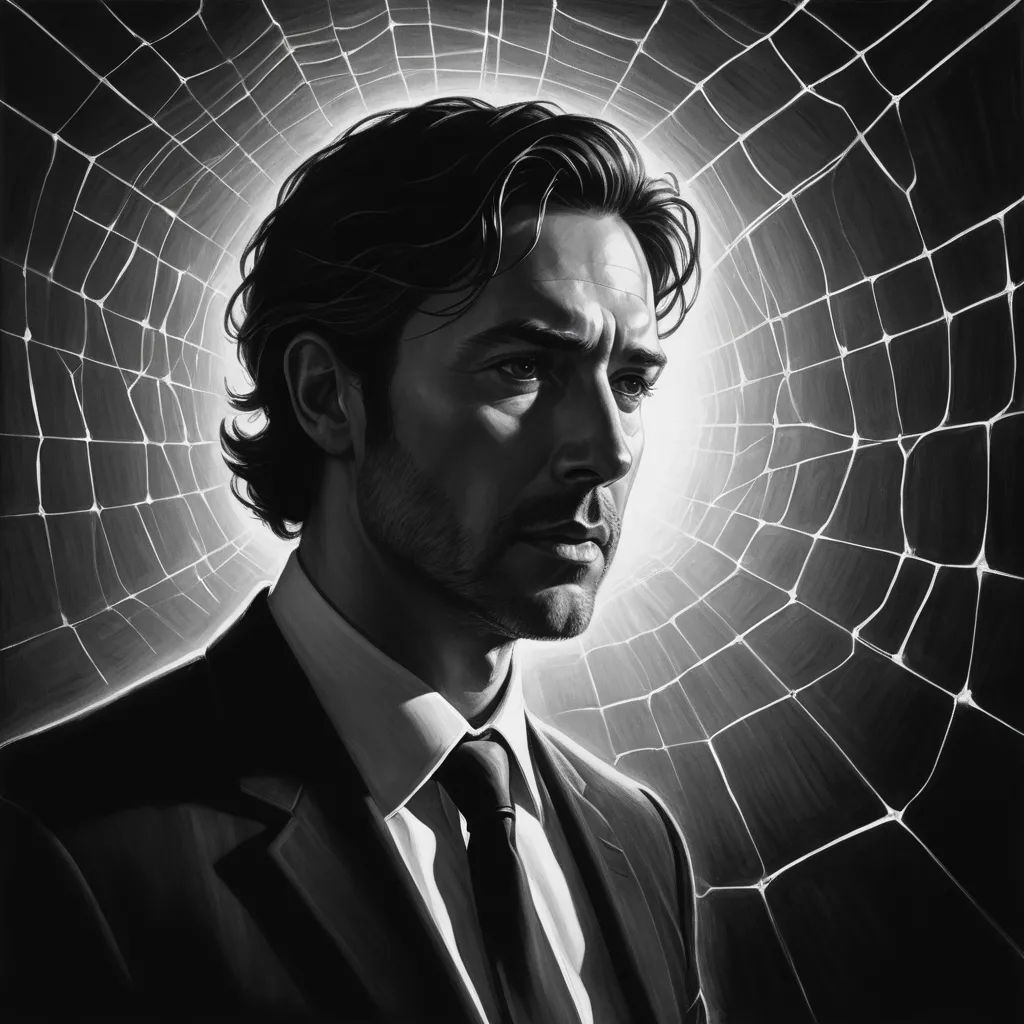 a man in a suit and tie is looking at a spider web in the background of a black and white photo, gothic art, an ultrafine detailed painting, Aaron Jasinski, detailed digital art