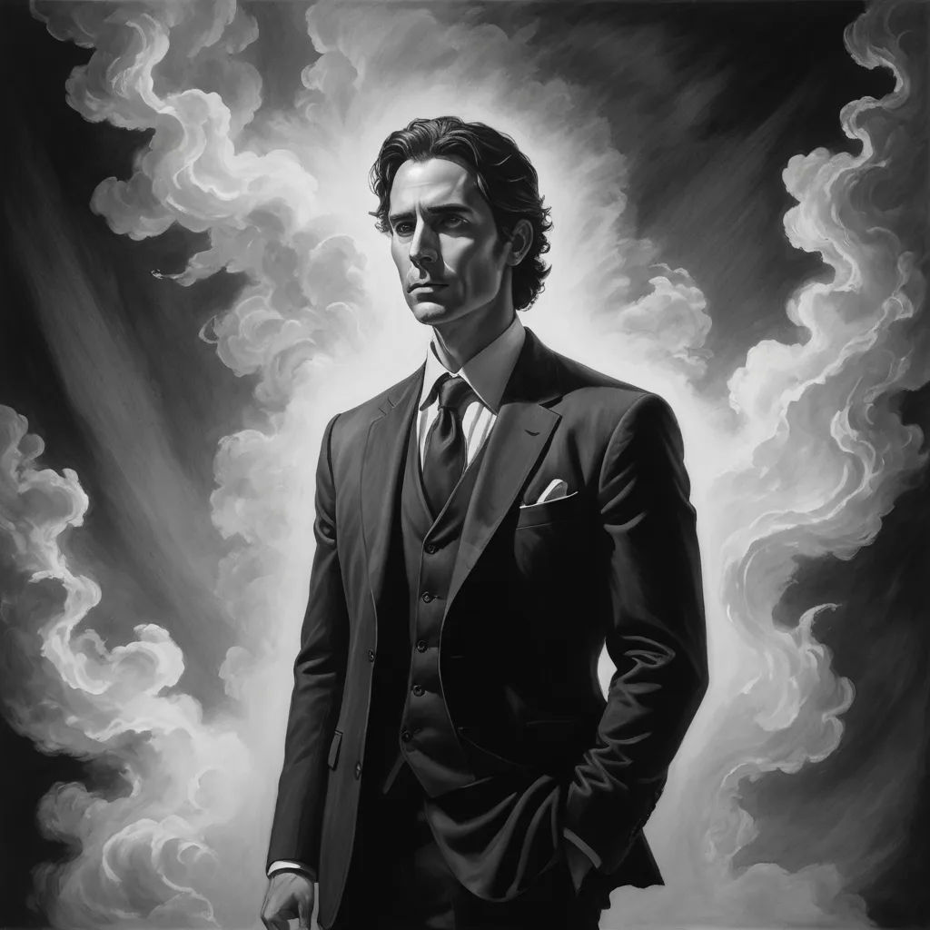 a man in a suit and tie standing in front of a painting of clouds and clouds behind him,, figurative art, an ultrafine detailed painting, David Palumbo, extremely detailed oil painting