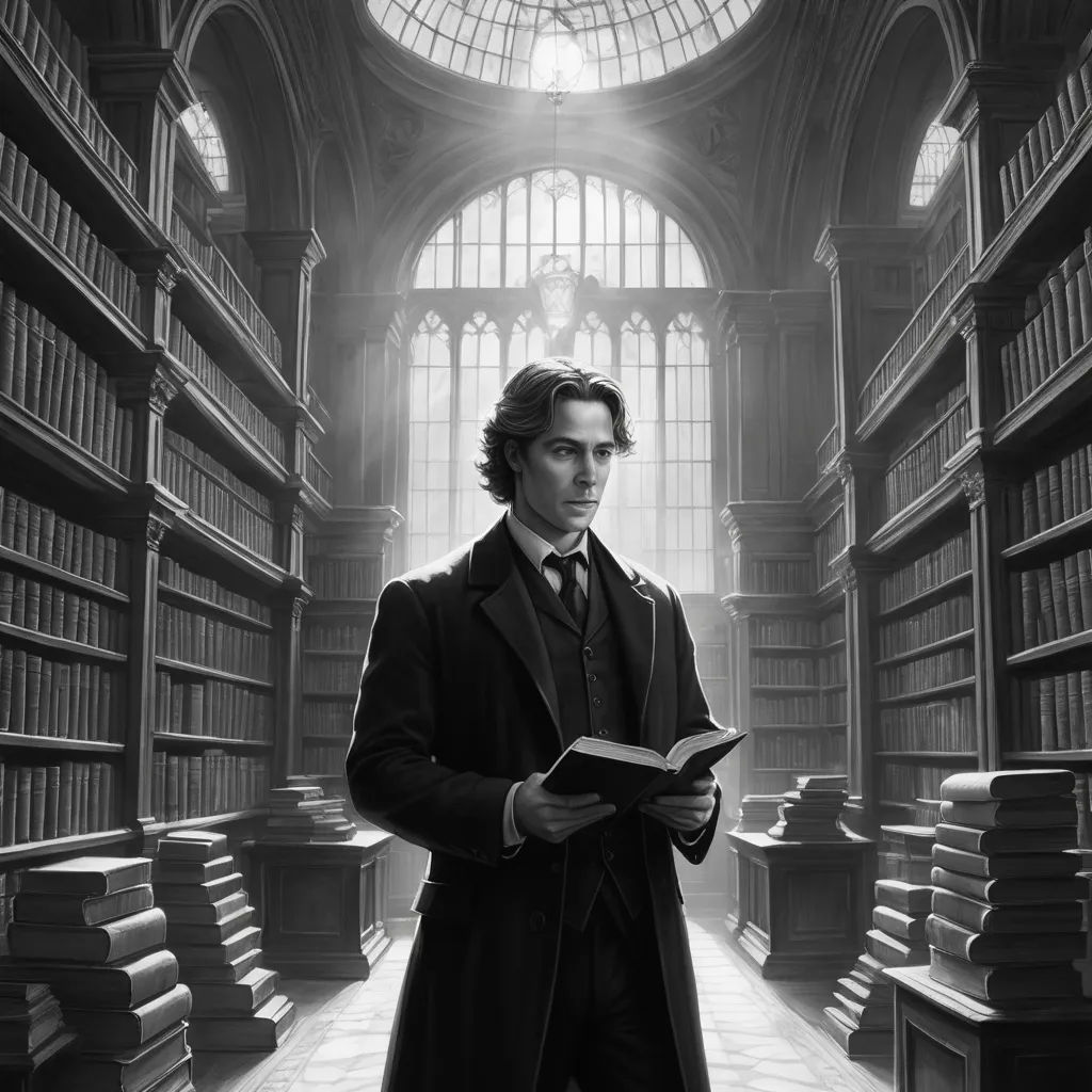 a man in a library with a book in his hand and a lot of books on the shelves behind him, pre-raphaelitism, an ultrafine detailed painting, Bastien L. Deharme, pre - raphaelite